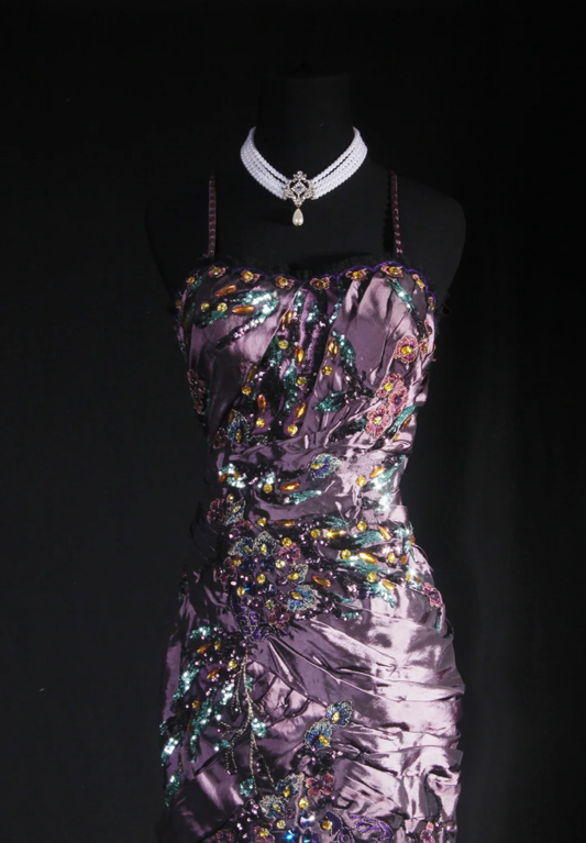 Charming Spaghetti Straps Satin Sequin Beaded Mermaid Evening Dress,Purple Long Party Dress Prom Gown D2009