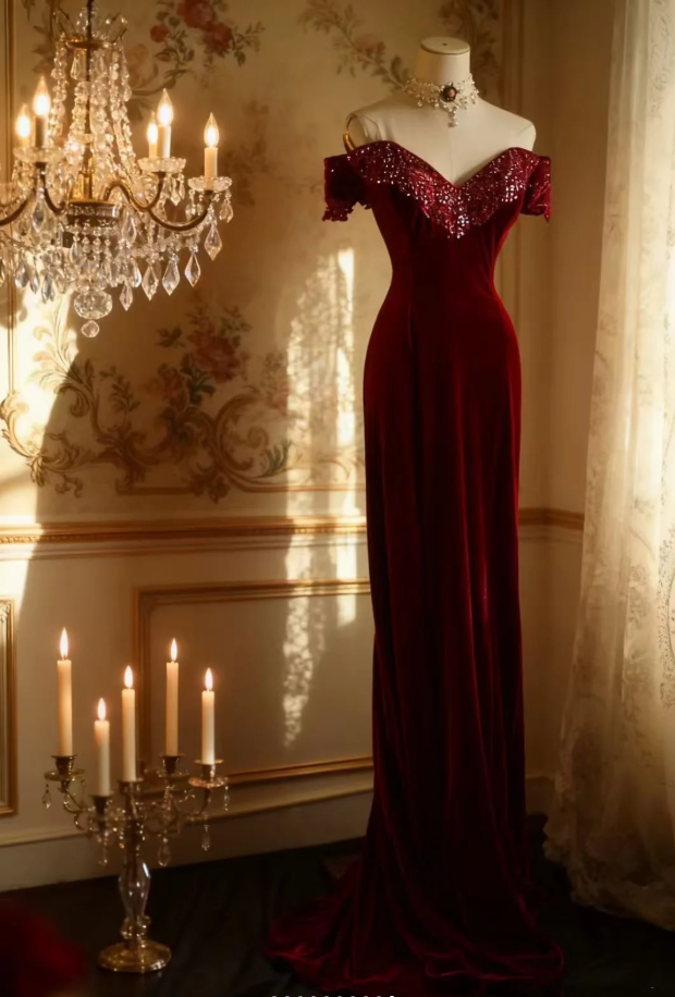 Classy Off The Shoulder Red Velvet Mermaid Long Evening Dress Formal Birthday Prom Dress D2207
