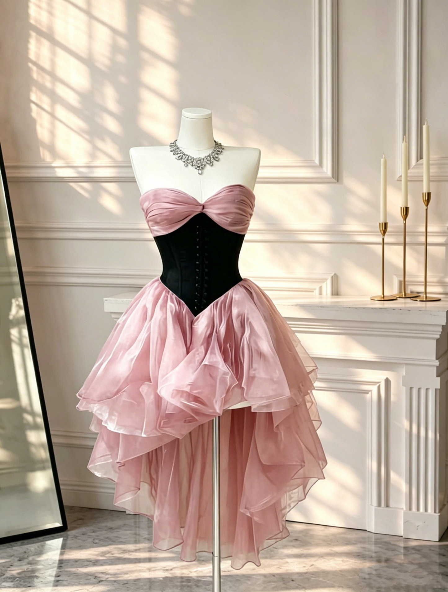 Beautiful Sweetheart Neck Tulle Hi-Low Mini Party Dress Pink 7th Grade Homecoming Dress D2684