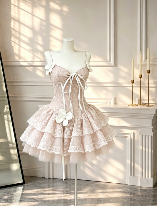 Classy Spaghetti Straps Tulle Lace Short 6th Grade Homecoming Dress Light Pink A Line Mini Prom Dress D2580