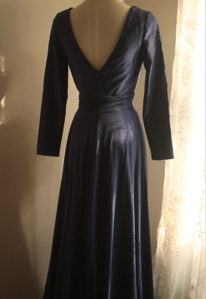 Elegant V Neck Navy Blue Satin Mermaid Long Wedding Guest Dress Formal Birthday Evening Dress D2204