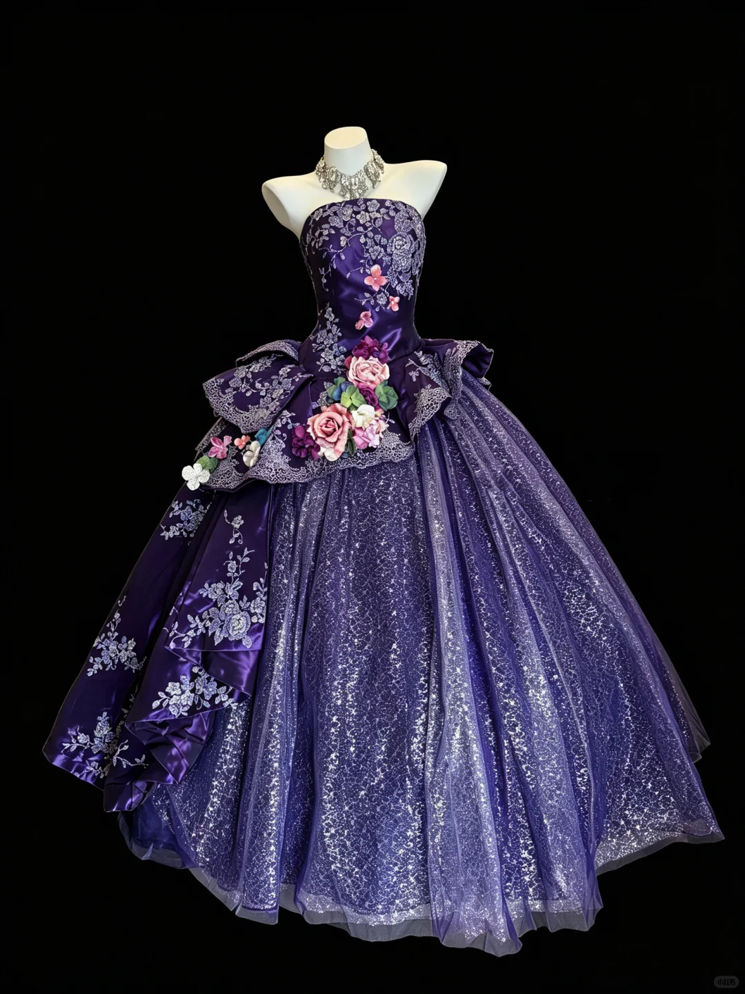 Retro Ball Gown Purple Satin Tulle Floral Birthday Quinceanera Dress With 3D Florals D5280