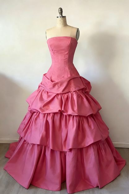 Fashion Strapless Ball Gown Burgundy Satin Layered Long Party Dress Evening Gown D1911