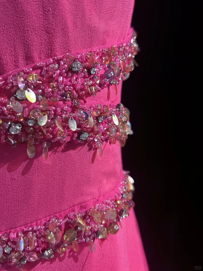 Elegant Hot Pink Chiffon Beaded Mermaid Long Party Dress,Halter V Neck Prom Gowns D2842