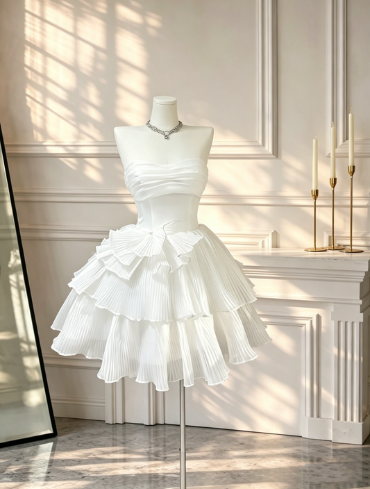 Elegant Strapless White Tulle Layered A Line Short Party Dress Formal 6th Grade Homecoming Dress D2683