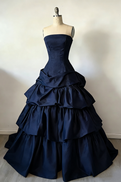Fashion Strapless Ball Gown Burgundy Satin Layered Long Party Dress Evening Gown D1911