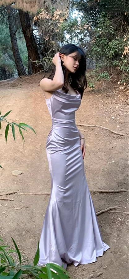 Elegant Spaghetti Straps Pink Satin Mermaid Party Dress Long Wedding Guest Dress D2863