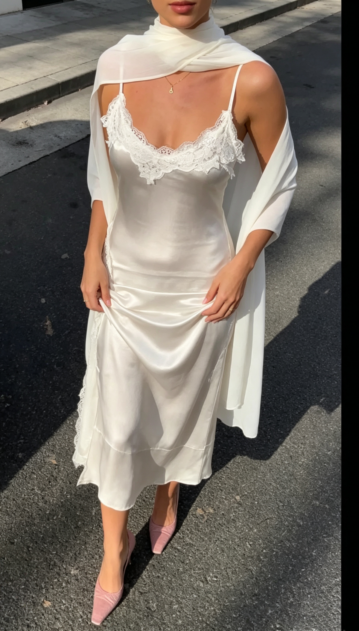 Classy White Spaghetti Strap Lace Satin Long Party Dress Evening Gown With Scarf D3439
