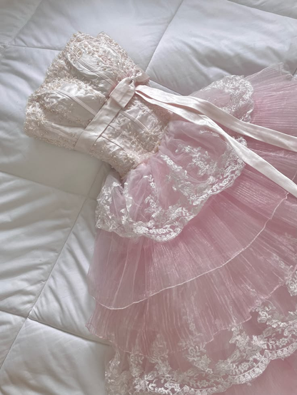 Pretty Strapless Tulle Lace Layered Long Prom Dress,Pink Long Party Dress D4005