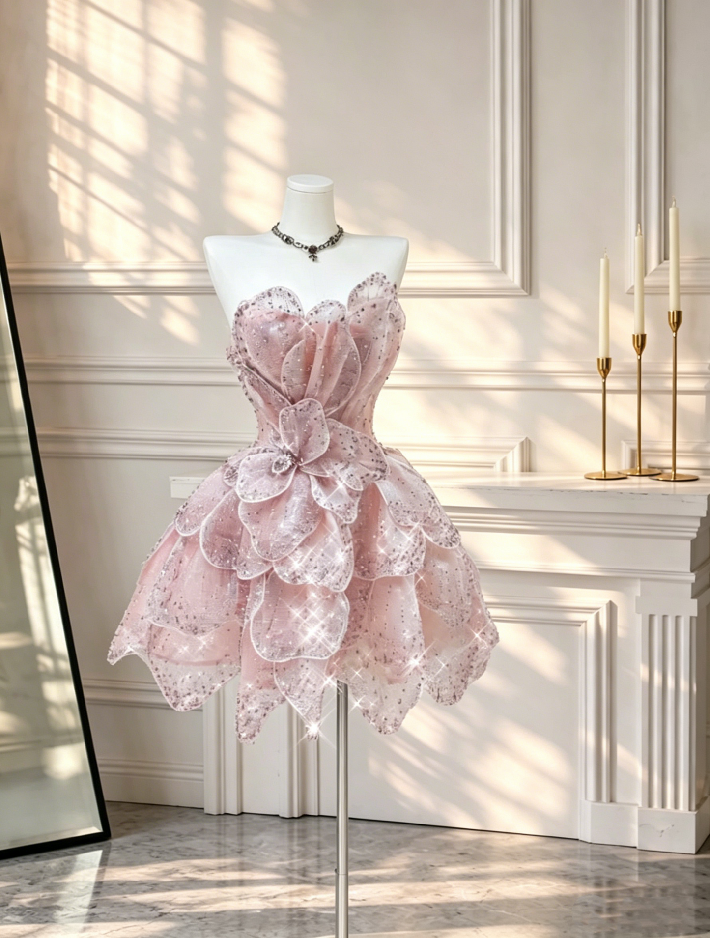 Gorgeous Strapless Pink Tulle Petals Beaded A Line Short Cocktail Dress Formal 7th Grade Homecoming Dress D2691