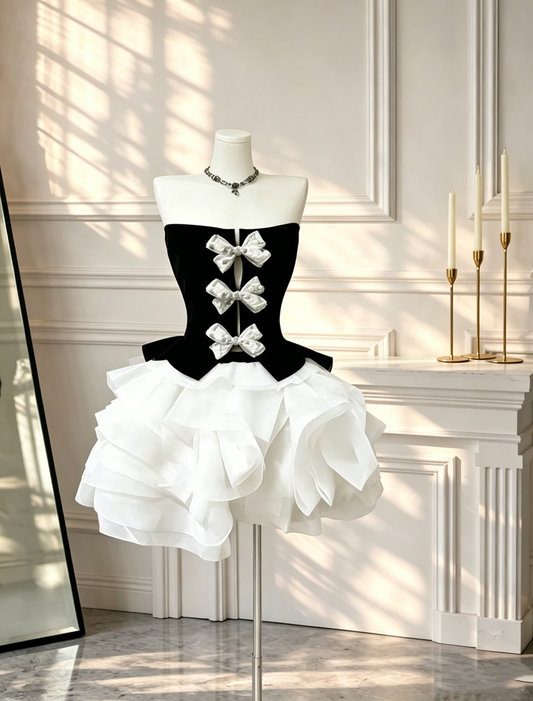 Fashion Black White Satin Bow A Line Short Birthday Dress Strapless Mini Party Dress D2578