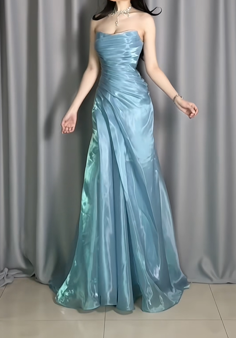 Glamorous Strapless Blue Organza Pleated Mermaid Long Prom Dress Birthday Evening Dresses D2485