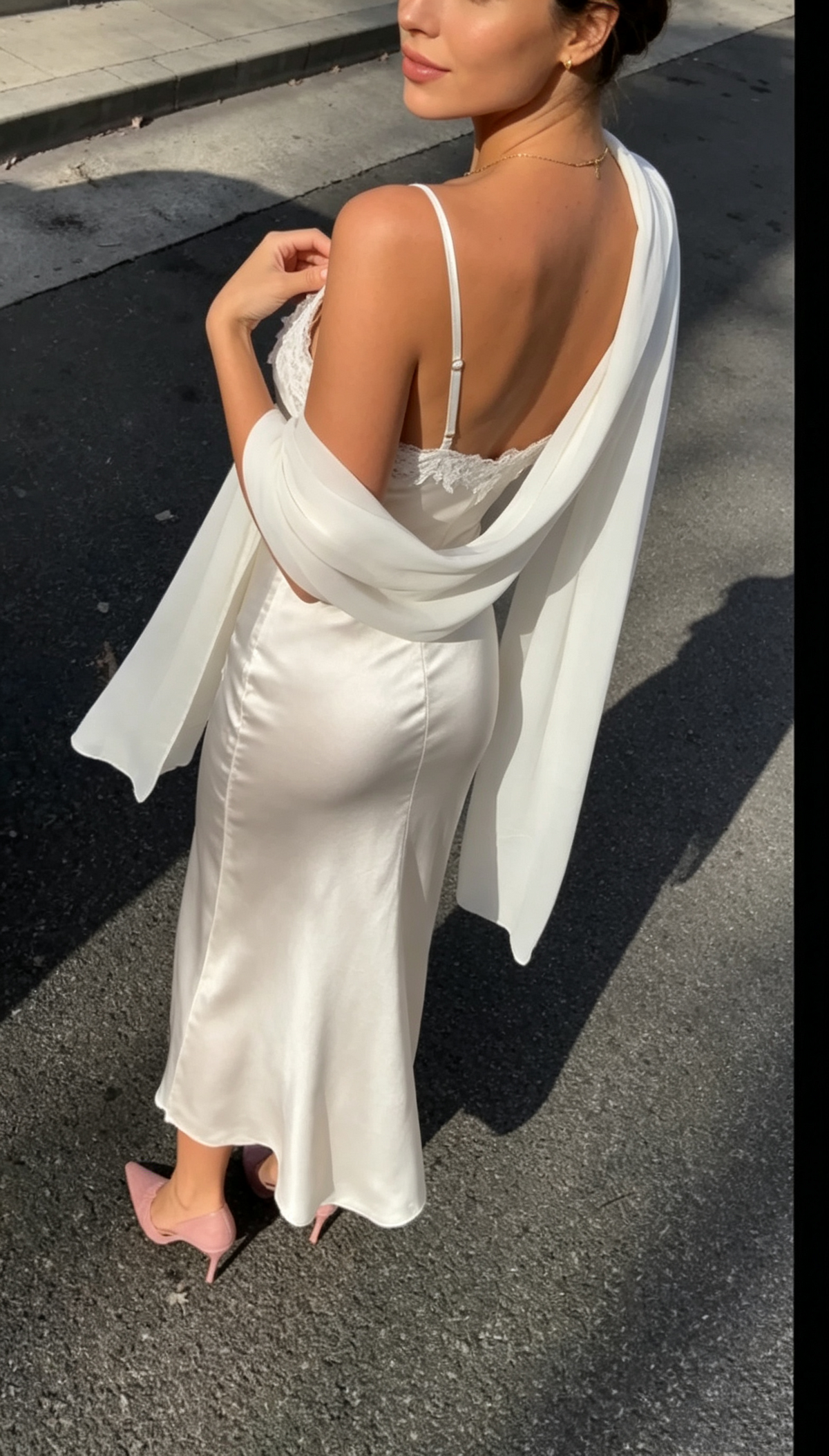 Classy White Spaghetti Strap Lace Satin Long Party Dress Evening Gown With Scarf D3439