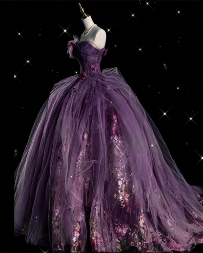 Classy Ball Gown Sweetheart Pink Floral Tulle Long Evening Dress Prom Dresses SD2525
