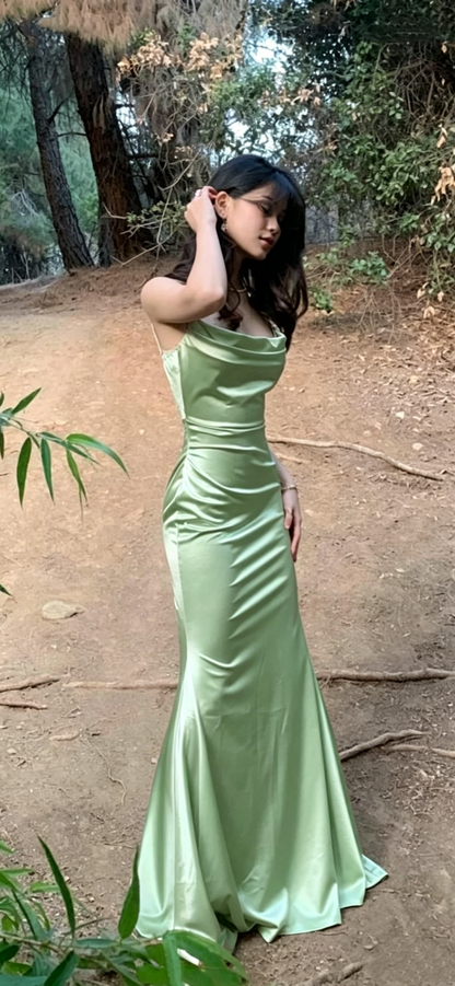 Elegant Spaghetti Straps Pink Satin Mermaid Party Dress Long Wedding Guest Dress D2863
