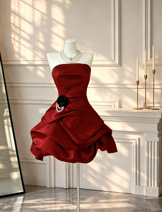 Pretty Red Strapless Satin A Line Short Cocktail Dress Homecoming Dress D2577