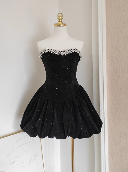 Sexy A Line Strapless Black Velvet Ruffles Vacation Dresses Short Birthday Outfits SD337