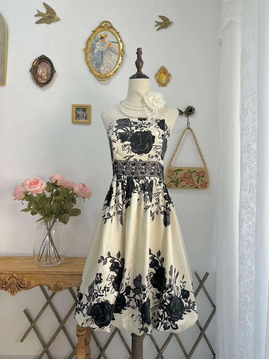 Vintage Strapless Satin Print Floral A Line Short Prom Dress Formal Homecoming Dress D554