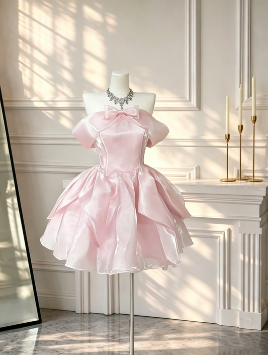 Sweet Organza A Line Short Birthday Dress Pink Off The Shoulder Short Party Dress Homecoming Dress D2582