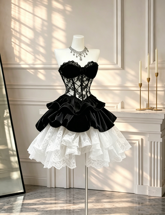 Pretty Sweetheart Neck Satin Lace Layered A Line Short Graduation Homecoming Dress Cocktail Dress D2689
