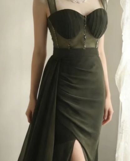 Vintage Green Spaghetti Straps Satin Beaded Mermaid Slit Long Evening Dress Party Gown D2202