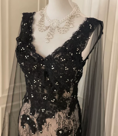 Elegant Black Lace Appliques Beaded Mermaid Evening Dress Long Birthday Prom Gown D3103