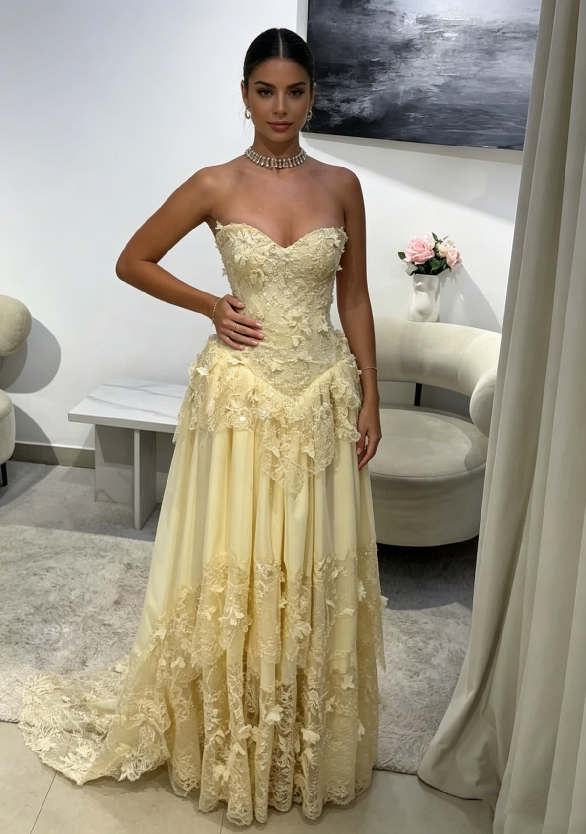 Pretty Strapless Yellow A Line Chiffon Lace Appliques Long Prom Dress Wedding Guest Dress D823