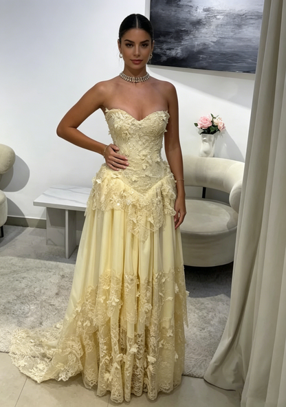 Pretty Strapless Yellow A Line Chiffon Lace Appliques Long Prom Dress Wedding Guest Dress D823