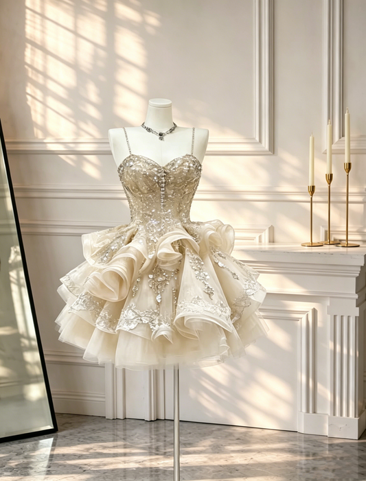 Gorgeous Spaghetti Straps Tulle Beaded A Line Short 7th Grade Homecoming Dress Birthday Outfits D2688