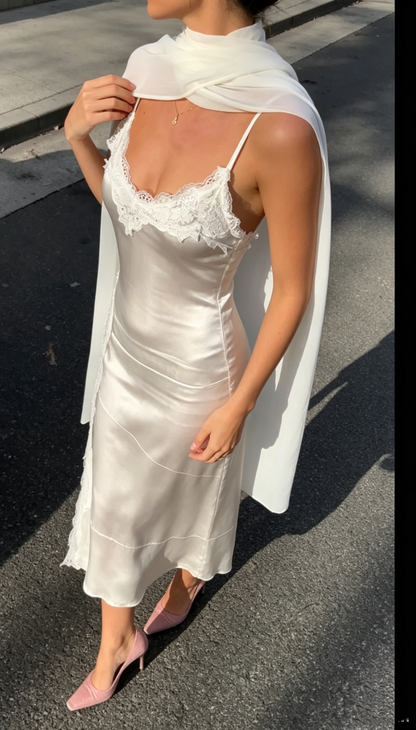 Classy White Spaghetti Strap Lace Satin Long Party Dress Evening Gown With Scarf D3439