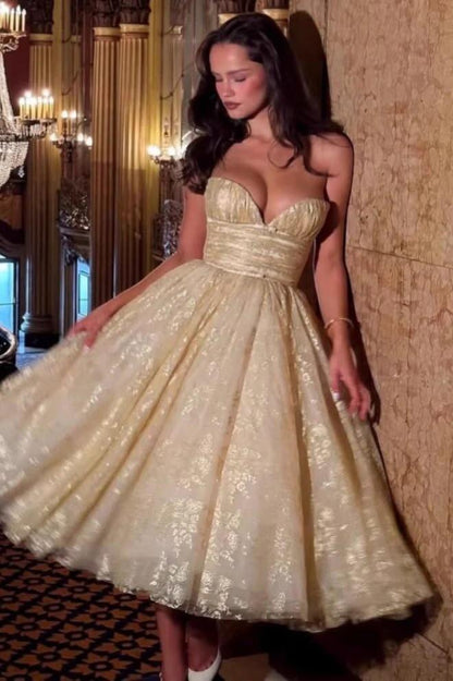 Gorgeous Sweetheart Neck Tulle Floral A Line Long Party Dress Gold Long Evening Dresses D4297