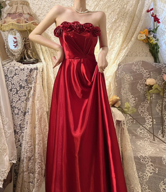 Fashion Red Strapless Satin A Line Long Wedding Guest dress Formal Evening Gown With 3D Flowers D2142