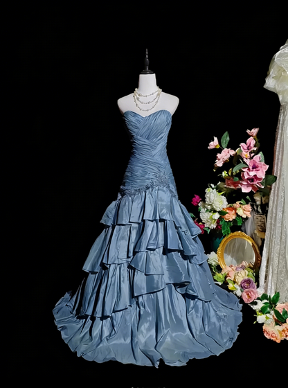 Elegant Strapless White Satin Beaded Pleated Layered Mermaid Long Prom Dress Birthday Party Dress D2370