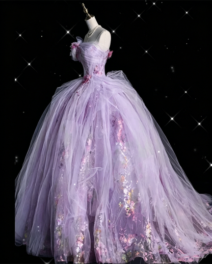 Classy Ball Gown Sweetheart Pink Floral Tulle Long Evening Dress Prom Dresses SD2525