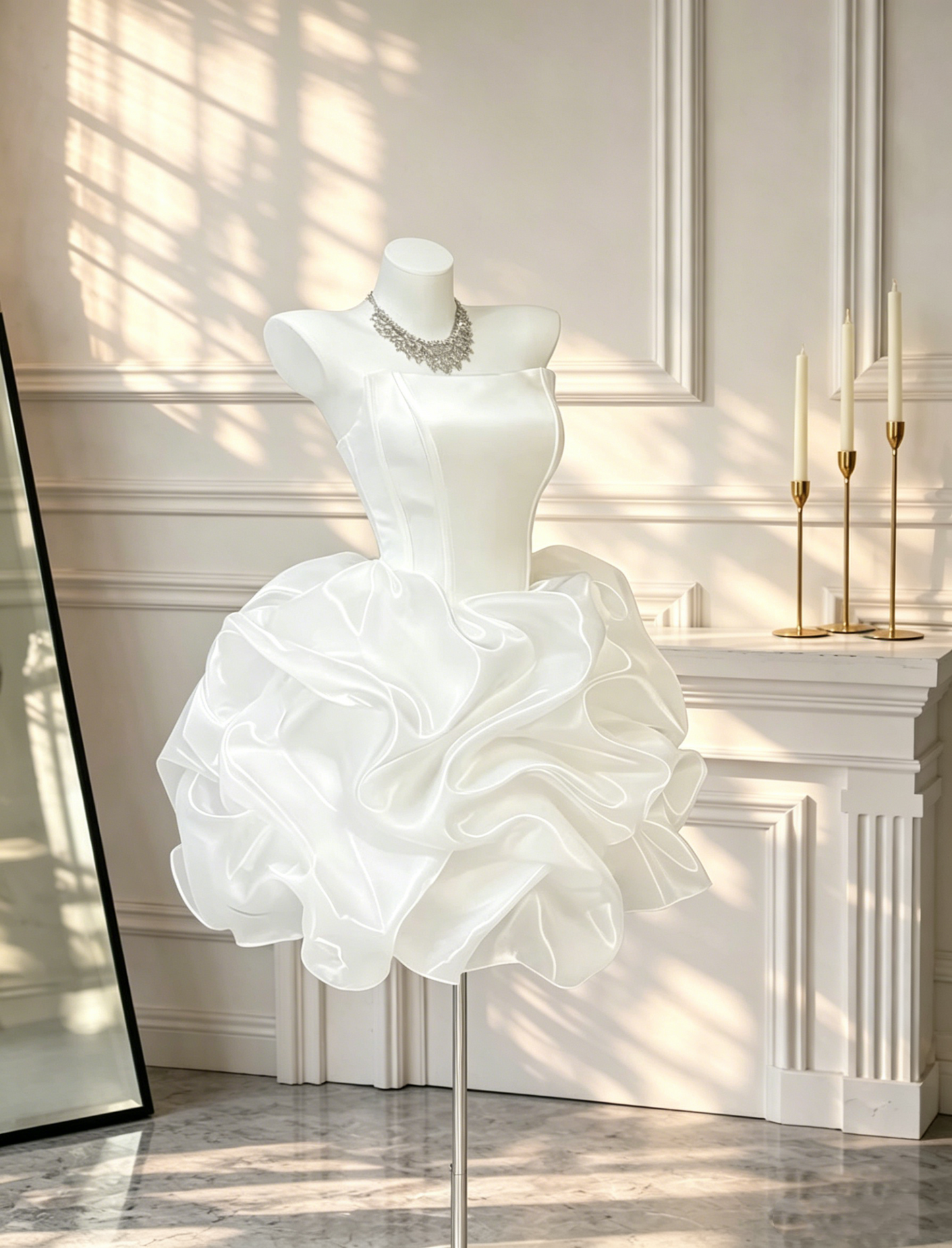 Classy White Satin Organza Pleated Short Homecoming Dress Strapless Mini Birthday Outfits D2583