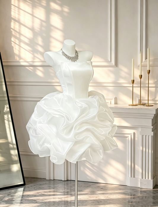 Classy White Satin Organza Pleated Short Homecoming Dress Strapless Mini Birthday Outfits D2583
