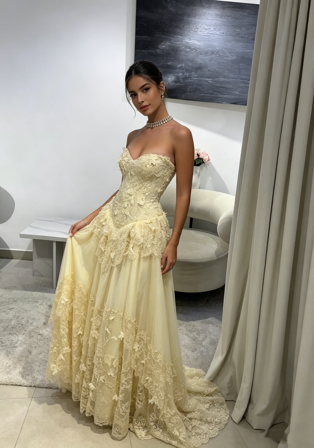 Pretty Strapless Yellow A Line Chiffon Lace Appliques Long Prom Dress Wedding Guest Dress D823