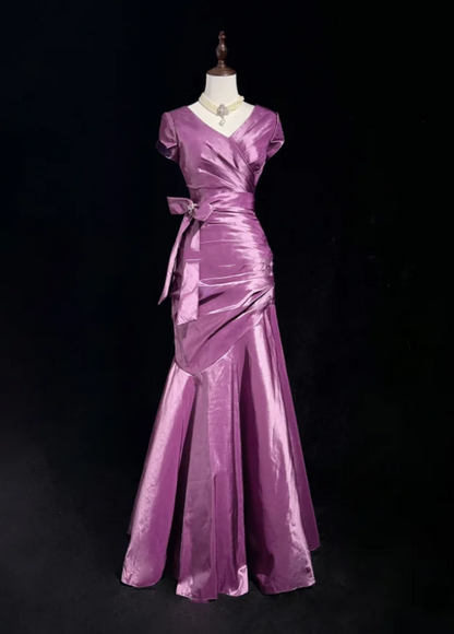 Elegant Purple V Neck Satin Pleated Mermaid Long Evening Dress Birthday Prom Dresses D2067