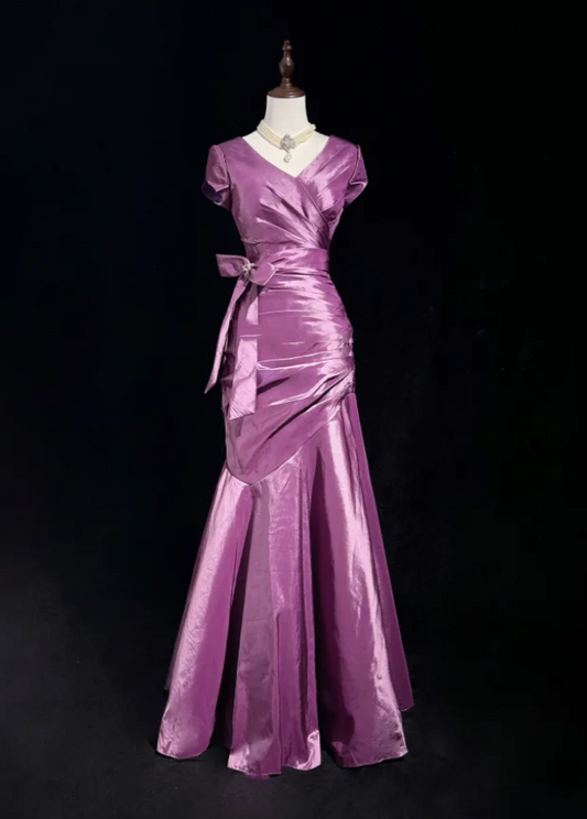 Elegant Purple V Neck Satin Pleated Mermaid Long Evening Dress Birthday Prom Dresses D2067