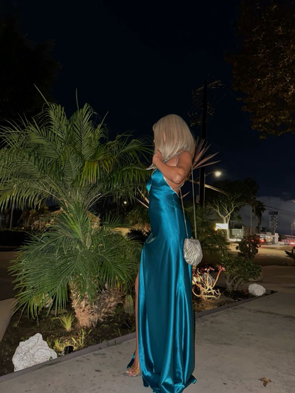 Classy Spaghetti Straps Blue Satin Beaded A Line Slit Long Wedding Guest Dress Evening Gown D1588