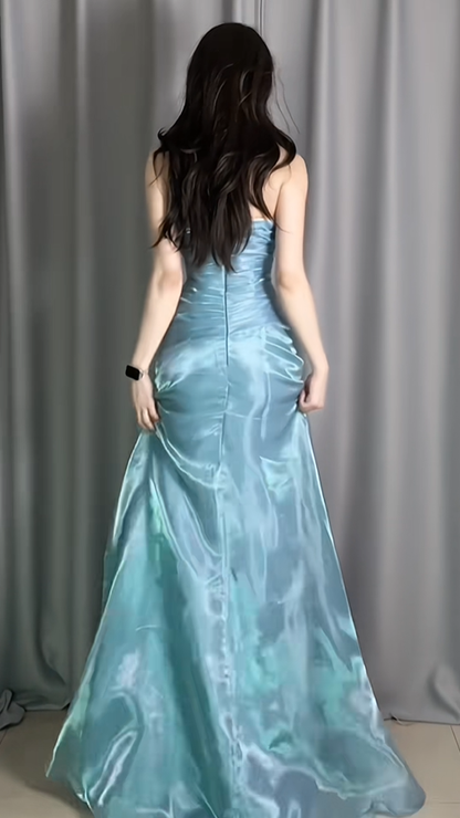 Glamorous Strapless Blue Organza Pleated Mermaid Long Prom Dress Birthday Evening Dresses D2485