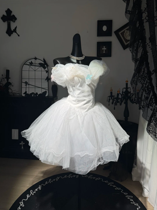 Pretty White Tulle Pleated Off The Shoulder A Line Short Birthday Outfits Homecoming Dress D3019