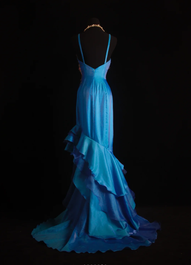 Unique Blue Green Strapless Satin Beaded Long Wedding Guest Dress Formal Birthday Party Dress Prom Gown D2001