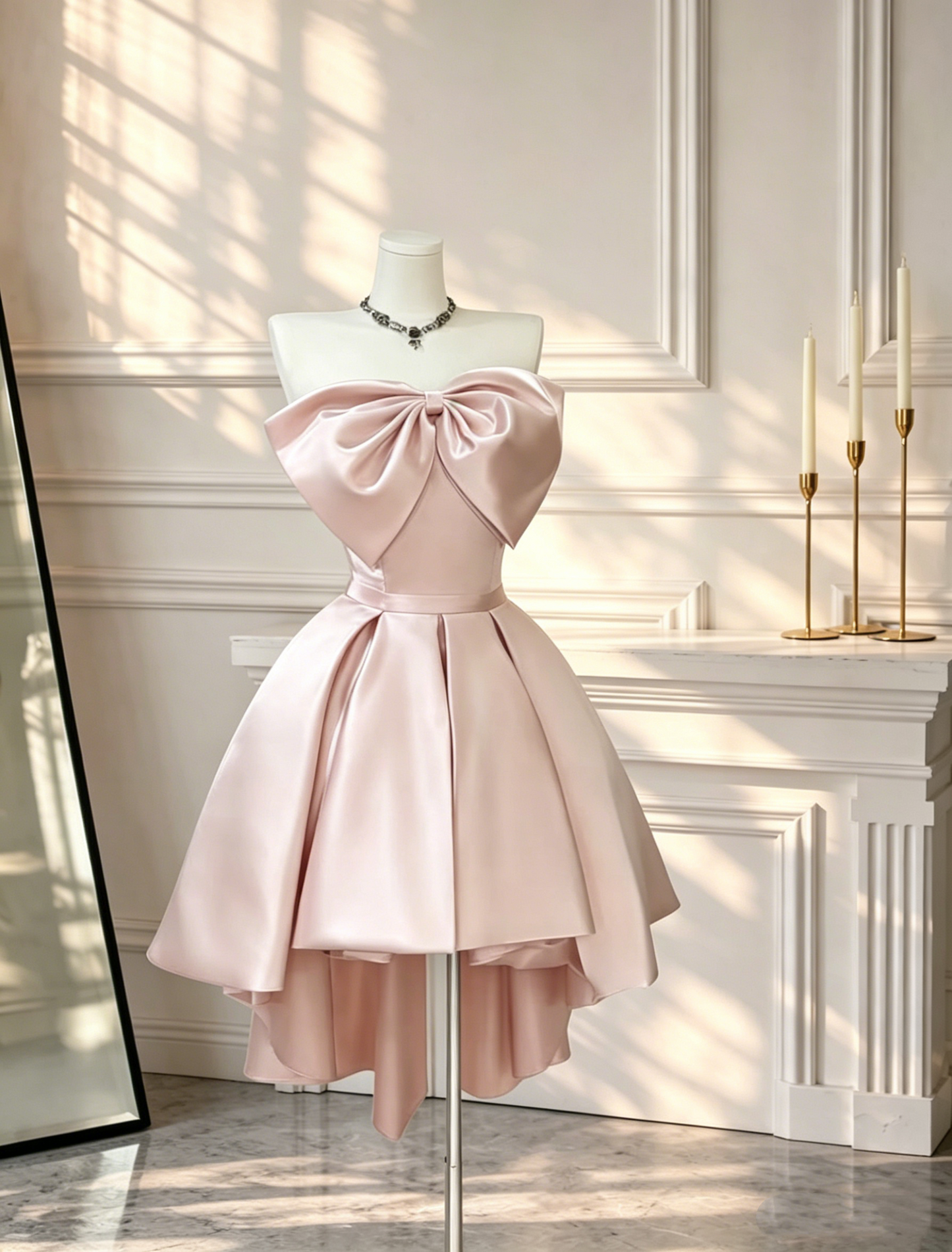 Cute Bow Strapless Short 16th Birthday Outfits Pink Satin A Line Homecoming Dress D2584