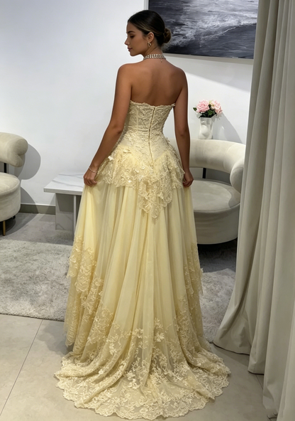 Pretty Strapless Yellow A Line Chiffon Lace Appliques Long Prom Dress Wedding Guest Dress D823