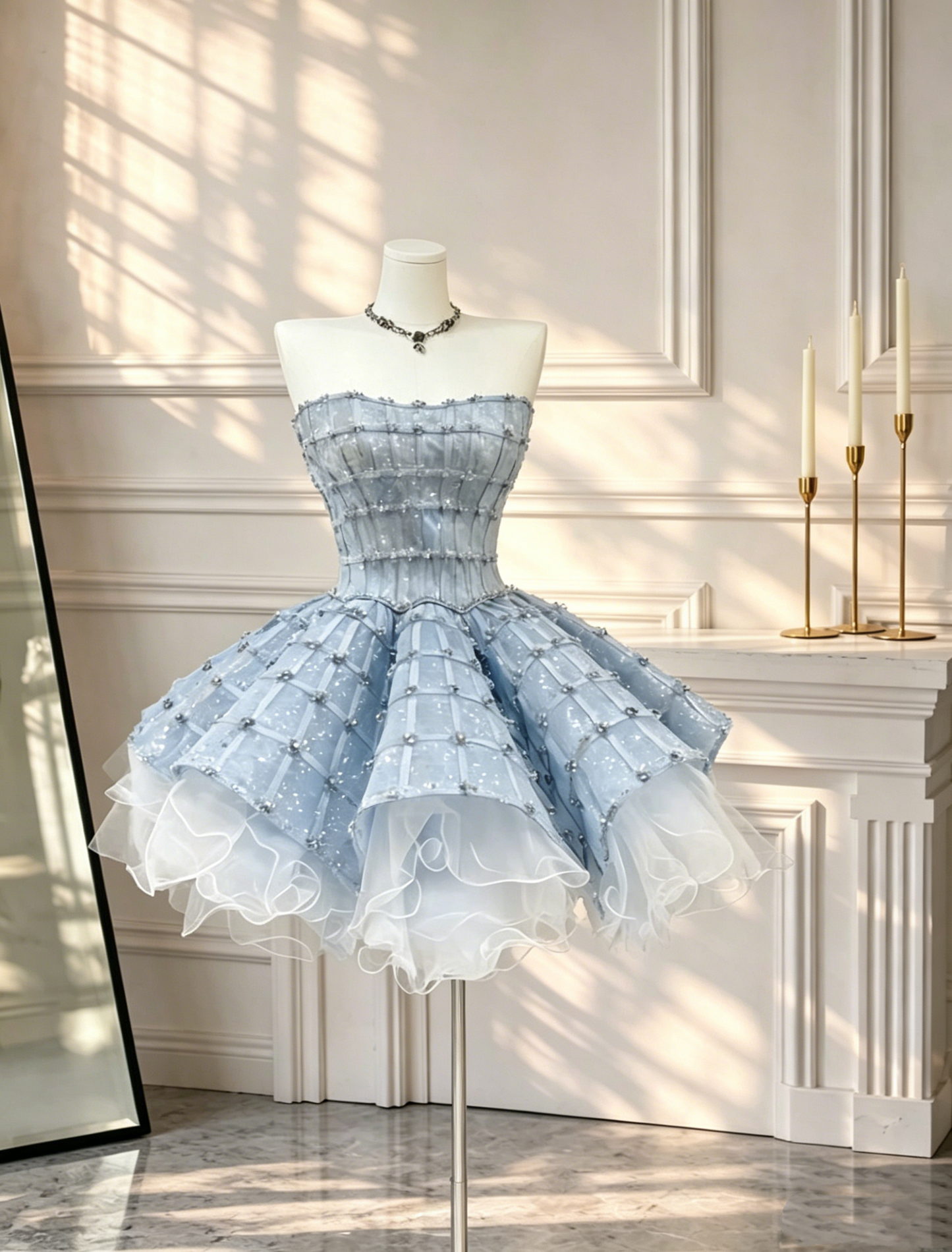 Glamorous Strapless Blue Tulle Beaded A Line Short Birthday Outfits Homecoming Dress D2686