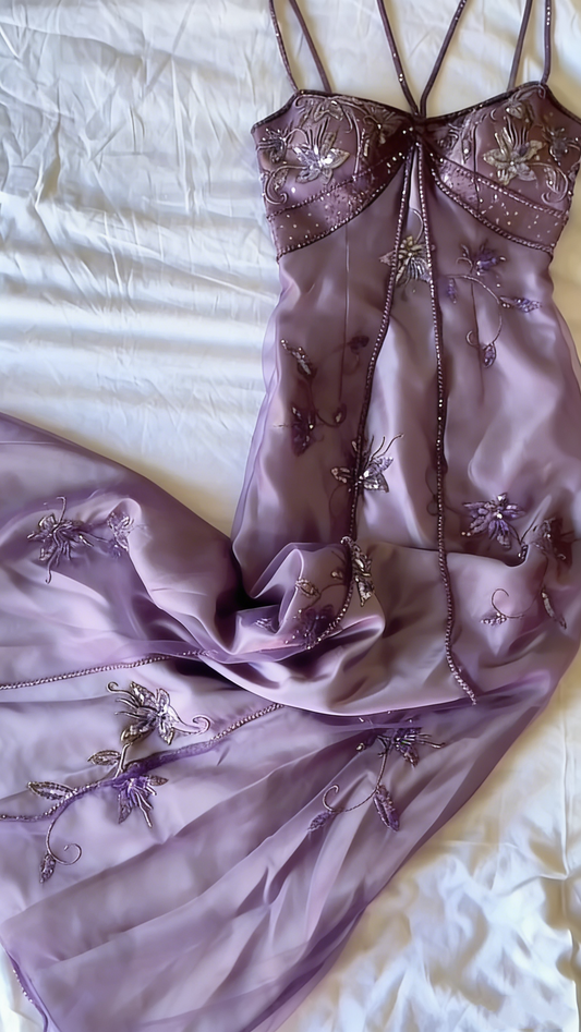 Pretty Lavender Spaghetti Straps Tulle Satin Beaded Mermaid Long Party Dress Evening Gown D2464