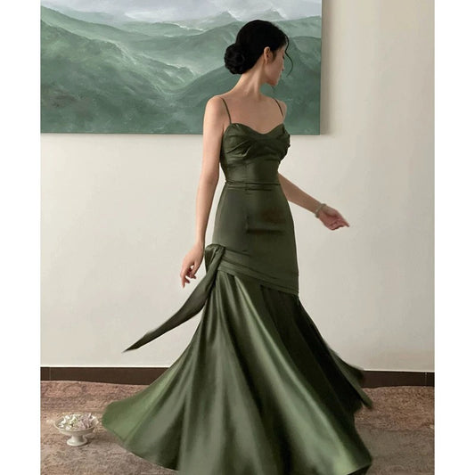 Simple Sheath Spaghetti Straps Floor Length Olive Green Long Party Dresses Birthday Outfits SD433