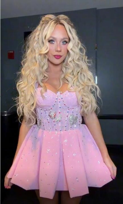 Pretty Pink Halter Satin Sequin Beaded Short Homecoming Dress Short Birthday Party Dress D4311