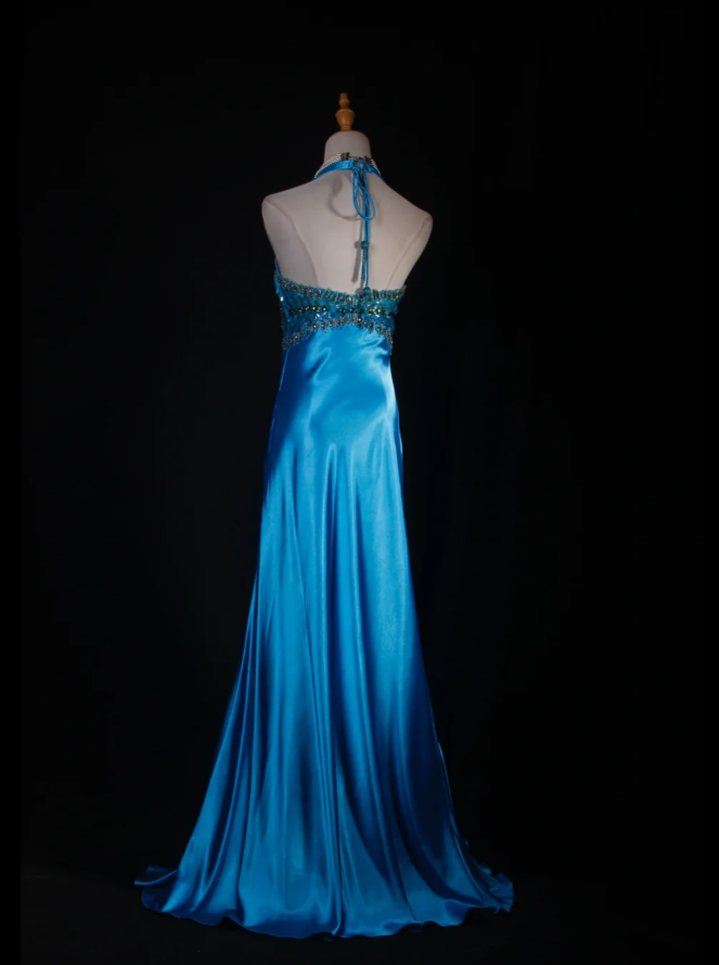 Elegant Halter V Neck Satin Beaded Prom Dress Blue Mermaid Slit Long Party Gowns D2241